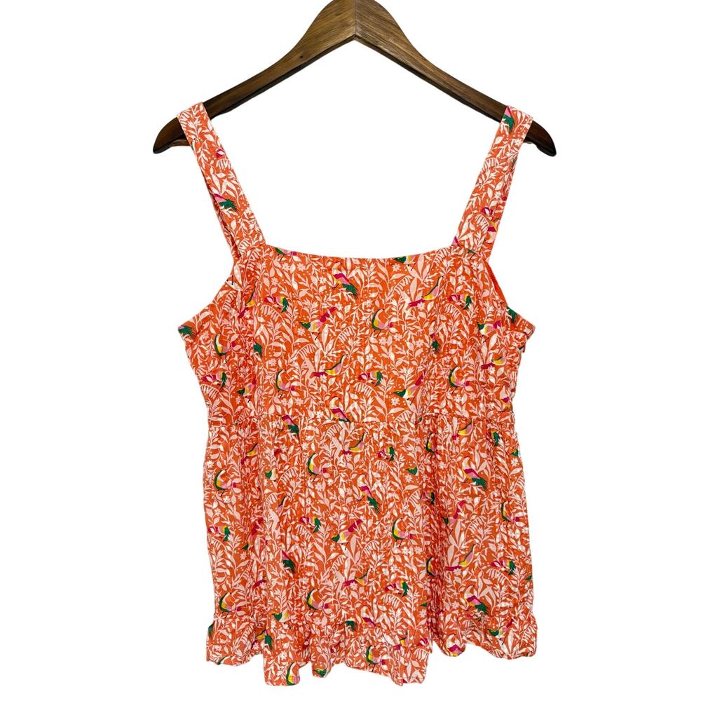 LOFT Orange Tropical Bird Print Cotton Tank Top Bow Back Ruffle Hem Size 10
